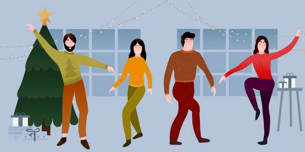 Noël et nouvel an fête vecteur illustratiom, amis heureux célébrer les vacances, groupe diversifié de gens qui dansent — Image vectorielle
