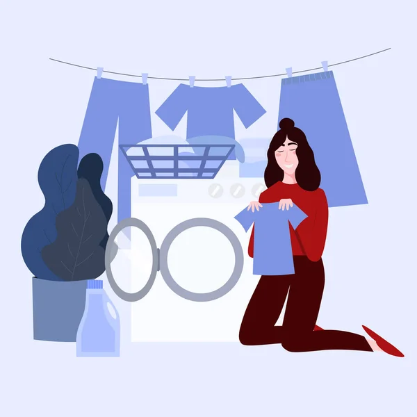 Młoda kobieta sprzątająca ubrania, robiąca pranie w domu lub pralni publicznej, pralka, ubrania na linie — Wektor stockowy