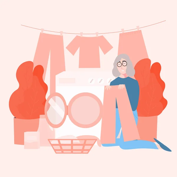 Grand Mère Faire Lessive Laver Les Vêtements Sales Lave Linge — Image vectorielle