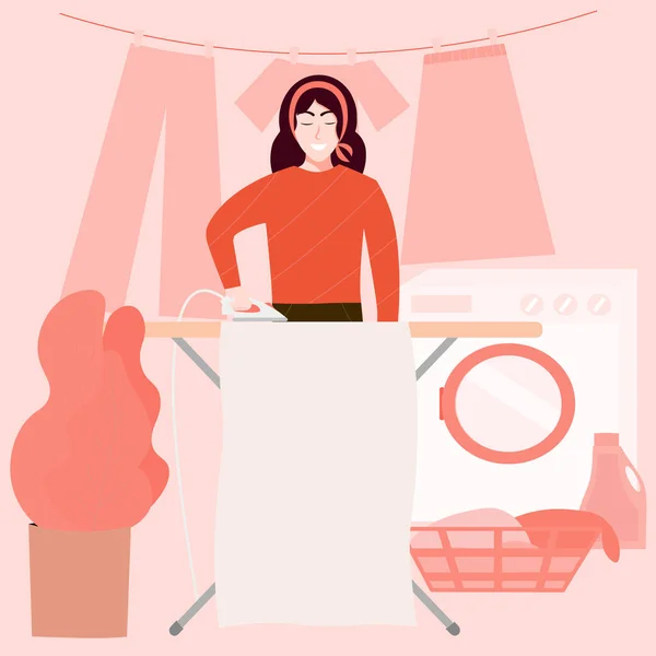 Fille repassage vêtements sur la planche à repasser, lavage mashine et blanchisserie sur le fond rose, routine quotidienne de la mère — Image vectorielle