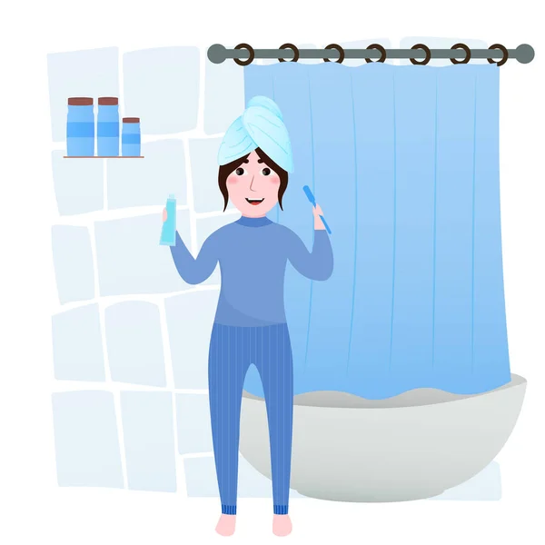Симпатична дівчина чистить зуби у ванній кімнаті, гігантська концепція, щоденна рутина, рушник на голові, ванна на фоні — стоковий вектор