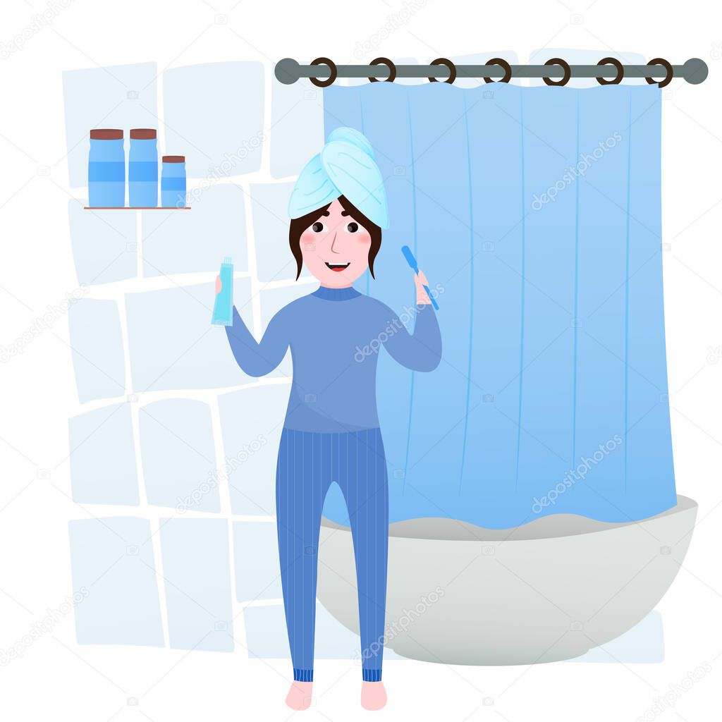 Cute girl brushing teeth in bathroom, hygeine concept, daily routine, towel on head, bath on the background