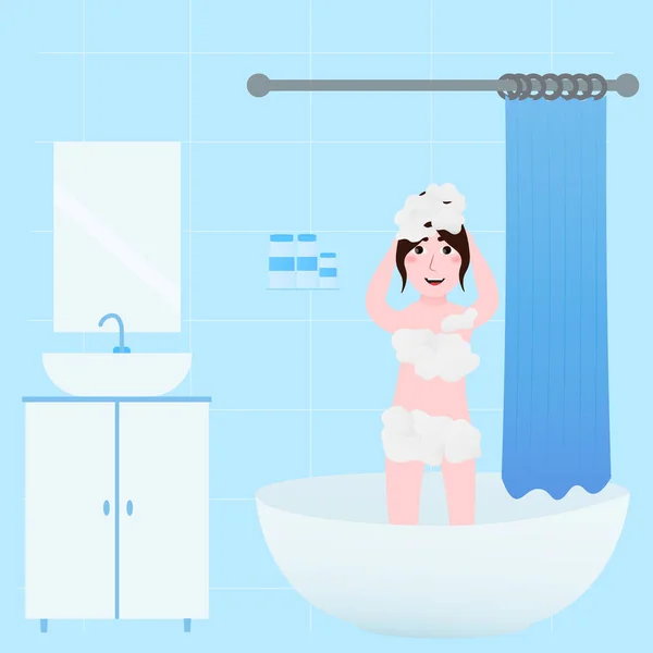 Nettes Mädchen badet in Badewanne, wascht Haare und Körper, tägliches hygienisches Routinekonzept, Kinderhygiene, Badezimmer — Stockvektor