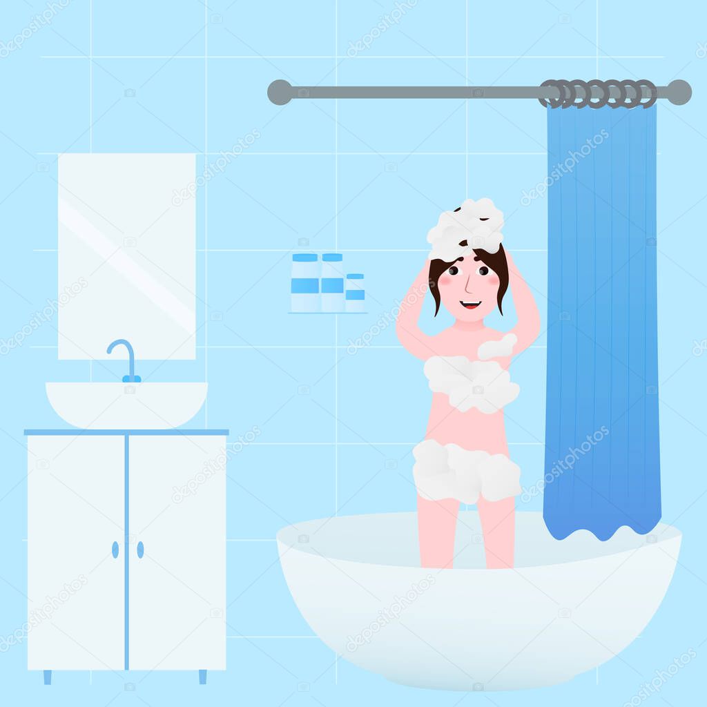 Cute girl take bath in bathtub, washing hair and body, daily hygeine routine concept, sanitary of kids, bathroom