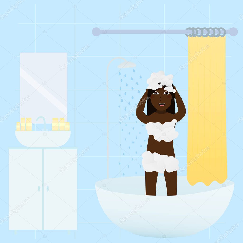 Cute little african girl taking shower, washing body and hair,bathroom interior objects, hygeine concept