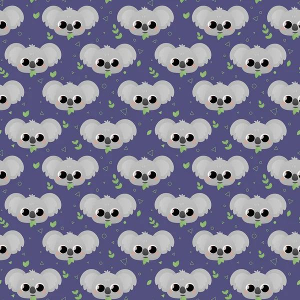 Niedliches, kindliches Muster mit Koalas und Blättern und Dreiecken, Kreisen auf dunkelblauem Hintergrund für Textil- oder Stoffdruck — Stockvektor
