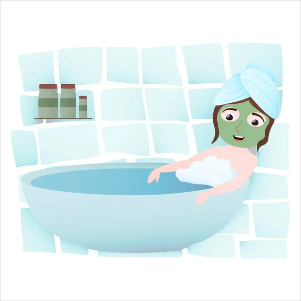 Kleines Mädchen entspannt sich in Badewanne, Handtuch auf dem Kopf, Gurkenmaske im Gesicht, Wellness-Verfahren, Gesichtspflege — Stockvektor