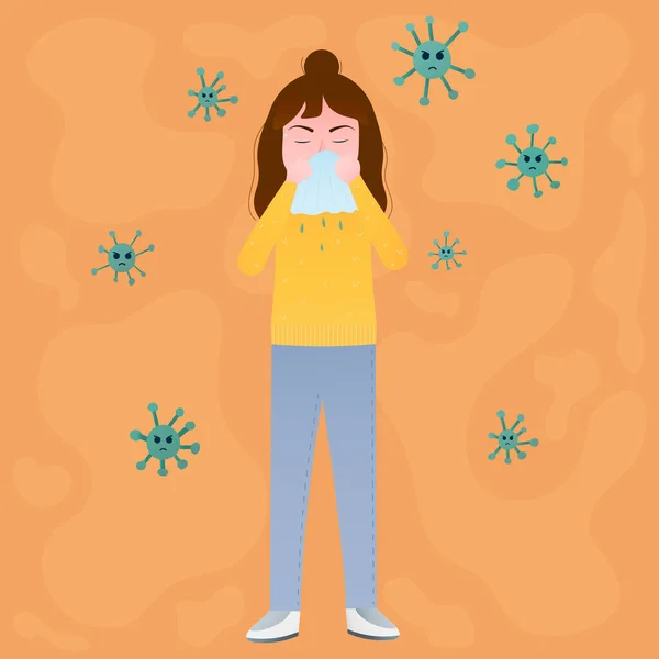Küçük kız hapşırıyor, grip ya da soğuk algınlığı belirtileri gösteriyor, elinde mendille, vektör karikatür çizimi, tıbbi konsept