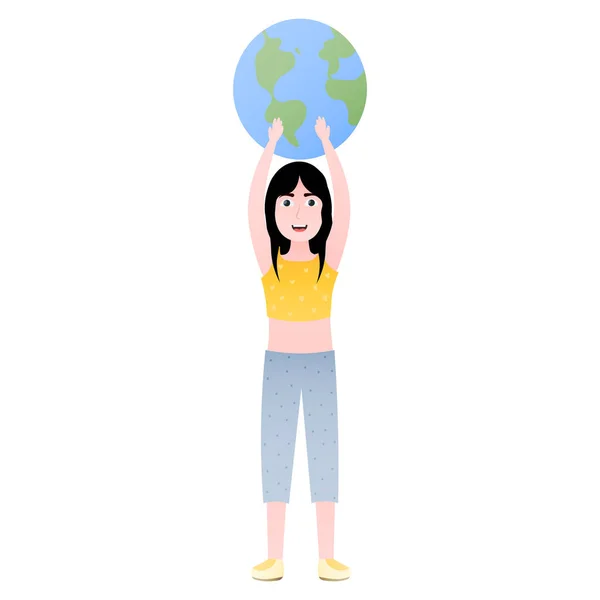 Earth Day Illustration Little Girl Holding Planet Saving Green Environmental — Stock Vector