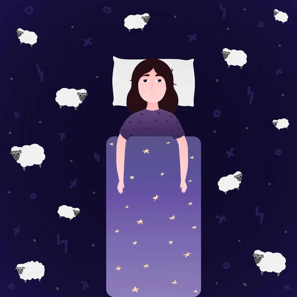 Tired Girl Dealing Insomnia Suffering Nightmares Lying Bed Trying Fall — Stock Vector