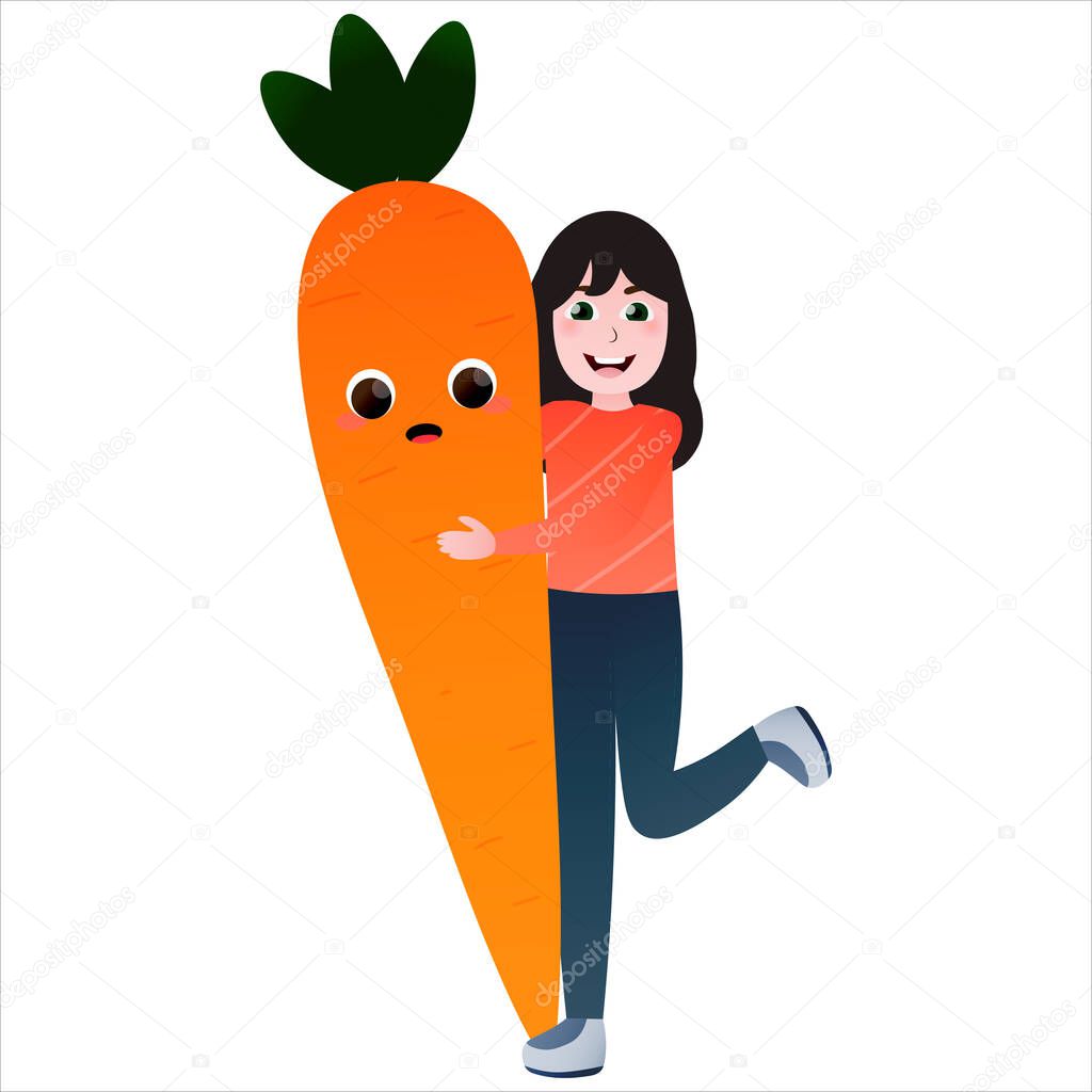 Cute little girl embracing giant carrot, vegetable charater having fun with kid, healthy organic food for children, vector childish illustration