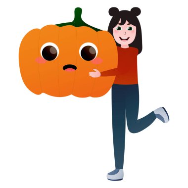 Küçük kız dev balkabağıyla oynuyor, eko yaşam tarzı, karikatür tarzında sağlıklı taze yiyecek kavramı.