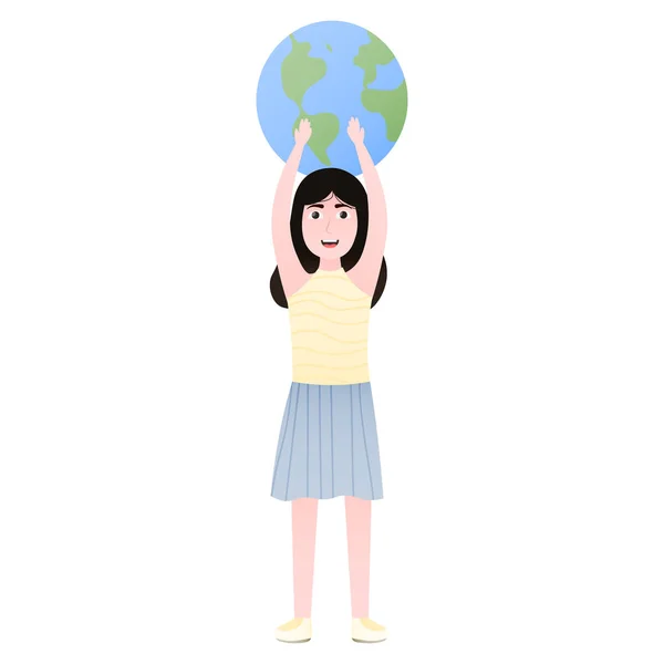 Cute Girl Holding Planet Earth Day Environment Conservation Concept Funny — Stock Vector