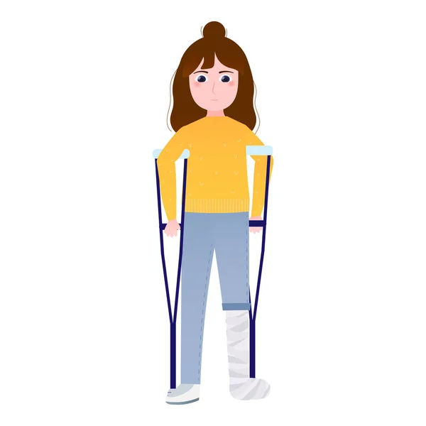 Sad Little Girl Broken Leg Bandage Standing Crutches Suffering Pain — Stock Vector