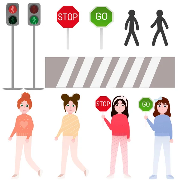 School children crossing road on crosswalk. Zebra crossing. Look right,  look left safety rule. Flat vector illustration template. Stock Vector