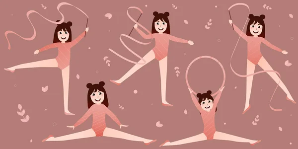 Bannière pour site web avec gymnastes mignons liitle et ballerines, mode de vie sain et activités sportives pour les écolières — Image vectorielle