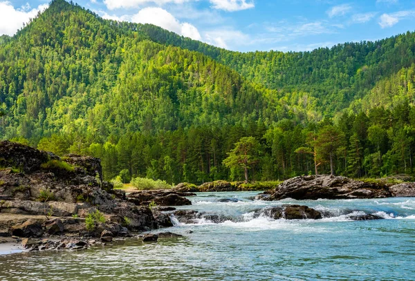 Viharos hegyi folyó folyik végig a hegyi völgyön — Stock Fotó