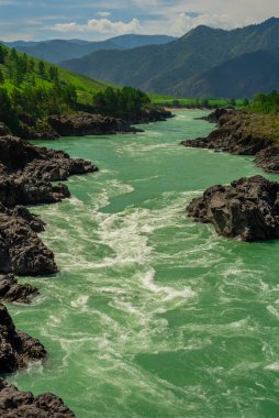Fırtınalı dağ nehri bir dağ vadisi boyunca akıyor..