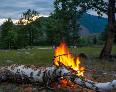 Huş ağacı odun ateşi. Gün batımında dağlarda kamp yapmak.