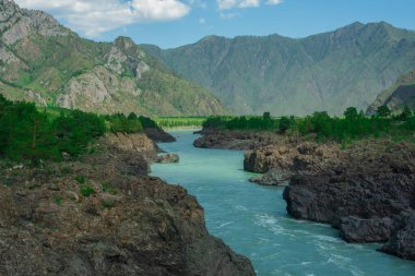 Fırtınalı dağ nehri bir dağ vadisi boyunca akıyor.
