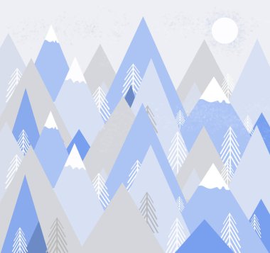 Dağ manzarası ve Sibirya ladin, geometrik soyutlama, çocuk odası duvarlarının dekor. Mavi Dağlar, gün batımı. İskandinav tarzı