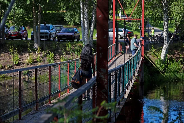 Skellefteå Norrland Augusti 2020 Röd Bro Till Kyrkholmen — Stockfoto