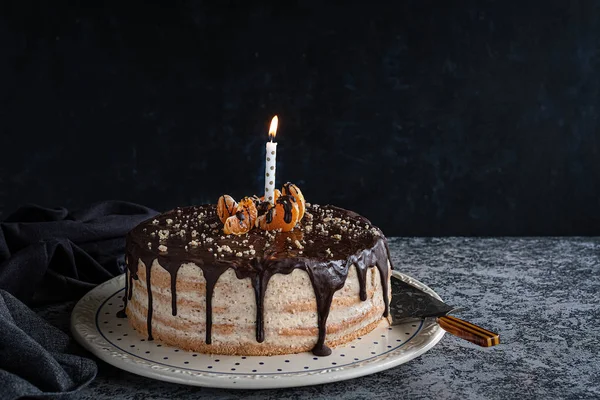 Beautifully styled and decorated birthday cake with one candle lit up, on a table, oranges, walnut and chocolate decoration, dark, moody background with negative space for title and textured tabletop