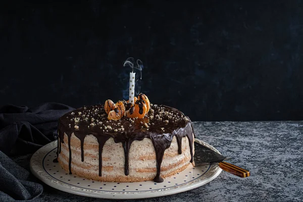 Beautifully styled and decorated birthday cake with one candle blown out, on a table, oranges, walnut and chocolate decoration, dark, moody background with negative space for title and textured tablet