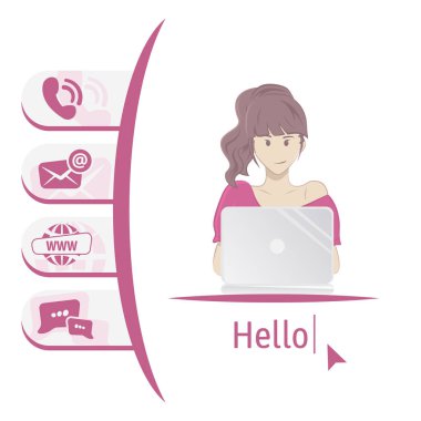 Simge bize kişiler. Dizüstü bilgisayarla masada oturan kadın