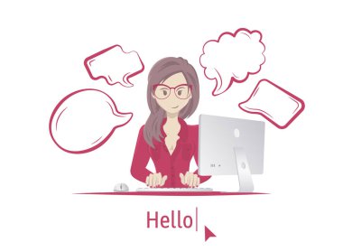 Avatar Merhaba. Bilgisayarla masada oturan kadın