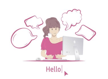 Bilgisayarla masada oturan kadın. Beyaz arka planda yalıtılmış