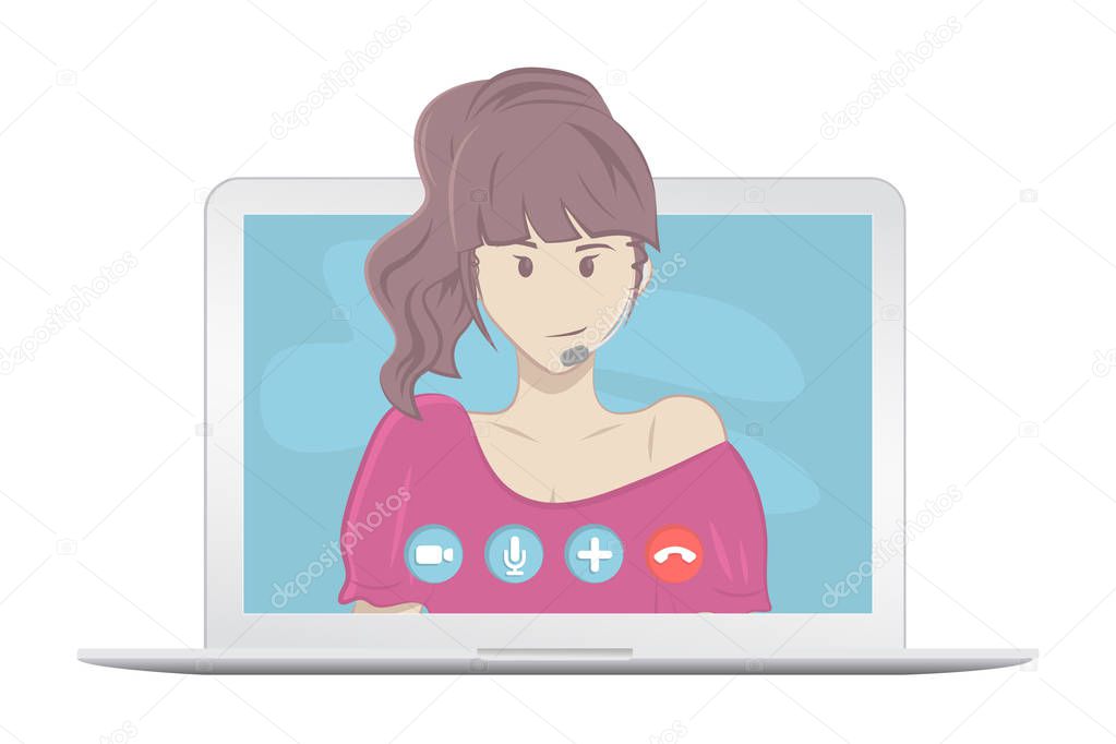 Video chatting online on laptop. Isolated on a white background