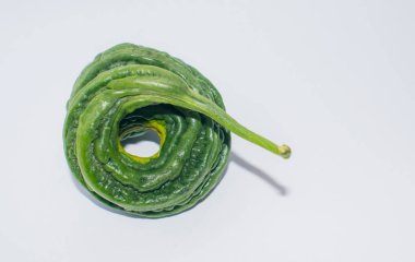 beyaz arka plan üzerinde spiral şekilli acı kavun.