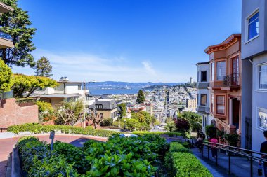 North Beach, Treasure Island, East Bay, Oakland ve Coit Tower San Francisco, Kaliforniya, ABD Rus Hill ve Nob Hill bölgesinde ünlü Lombard sokak üstünden fotoğraflandı.