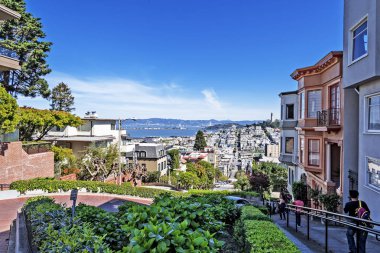 North Beach, Treasure Island, East Bay, Oakland ve Coit Tower San Francisco, Kaliforniya, ABD Rus Hill ve Nob Hill bölgesinde ünlü Lombard sokak üstünden fotoğraflandı.