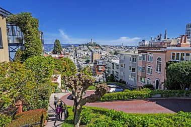 North Beach, Treasure Island, East Bay, Oakland ve Coit Tower San Francisco, Kaliforniya, ABD Rus Hill ve Nob Hill bölgesinde ünlü Lombard sokak üstünden fotoğraflandı.