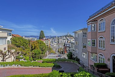 North Beach, Treasure Island, East Bay, Oakland ve Coit Tower San Francisco, Kaliforniya, ABD Rus Hill ve Nob Hill bölgesinde ünlü Lombard sokak üstünden fotoğraflandı.