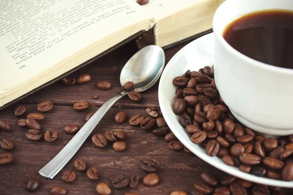 Cup Coffee Coffee Beans Dark Wooden Table — Stock Photo, Image