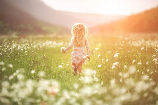 Küçük güzel kız sokakta ya da parkta koşar, gülerek, tarlanın karşısına geçer. Gün batımı ışığı, çocukluk. Mutlu ve nazik bir kızın duygusal portresi dalgalı saçlarıyla gülümserken