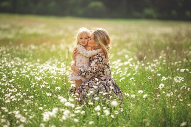 Güzel bir genç anne kızıyla birlikte papatya tarlasında gün batımı güneşi, yaşam tarzı, annelik kavramı, parkta ya da doğada yürümek.