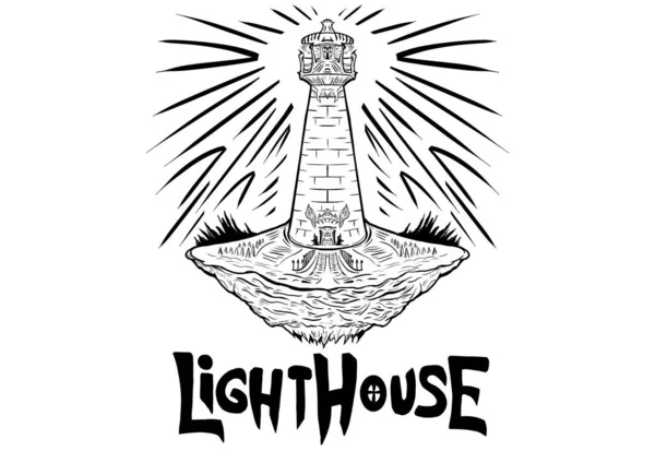 A floating light house on black and white, lineart.