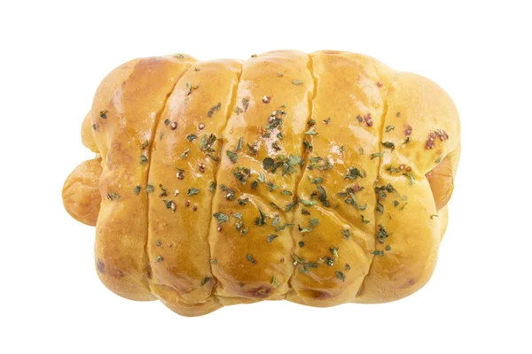 Top View Sausage Bread Parsley Leaves Isolated White Background — Stock Photo, Image