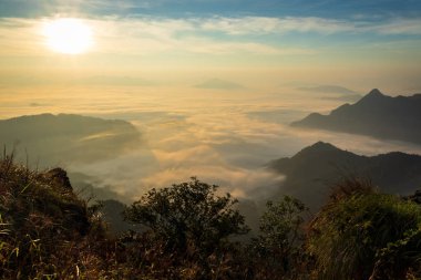sis ve Phu chifa, Chiang Rai, Tayland, dağ üzerinde gündoğumu.