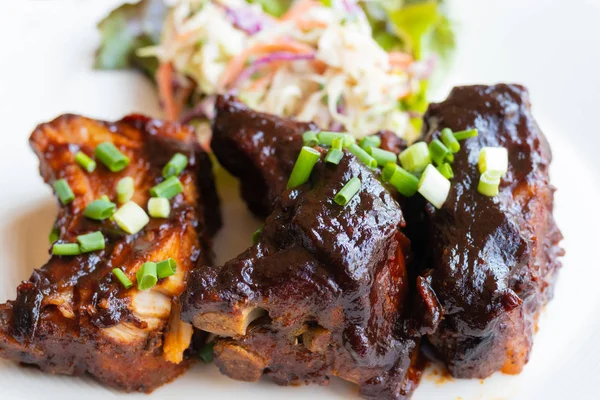 Baked Pork Ribs Barbecue Sauce White Plate — Stock Photo, Image