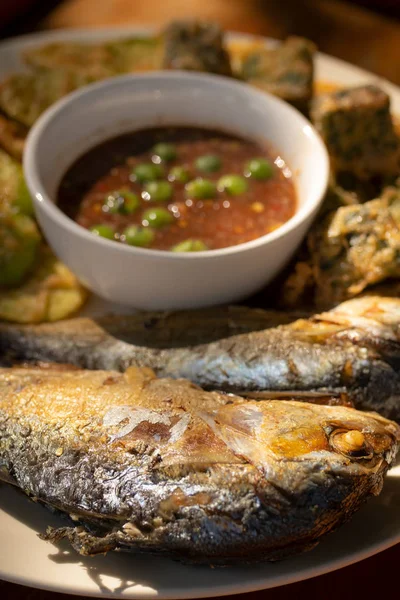 Fried Mackerel Shrimp Paste Sauce Plate Thai Food — Stock Photo, Image