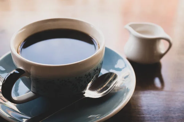 Cup Black Coffee Table Jug Milk — Stock Photo, Image