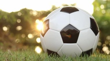 altın güneş ışığı parlayan ve yeşil doğal bulanık arka plan ile çim üzerinde futbol