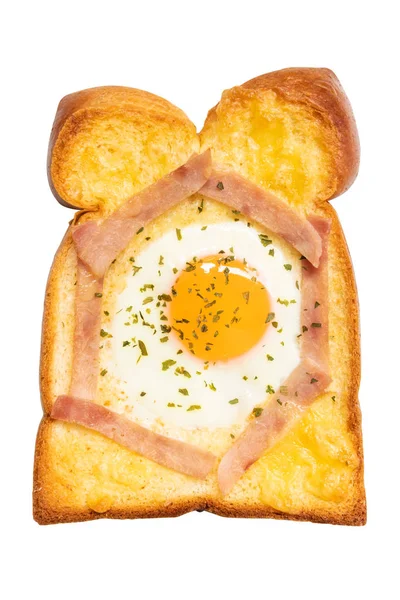 Baked egg and ham in toast isolated on white background — Stock Photo, Image