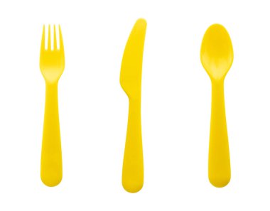 sarı plastik kaşık seti, çatal ve bıçak beyaz ba izole