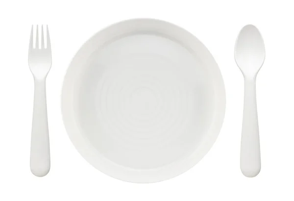ชุดช้อนพลาสติกสีขาว, ฟอร์คและจานแยกจากสีขาว — ภาพถ่ายสต็อก